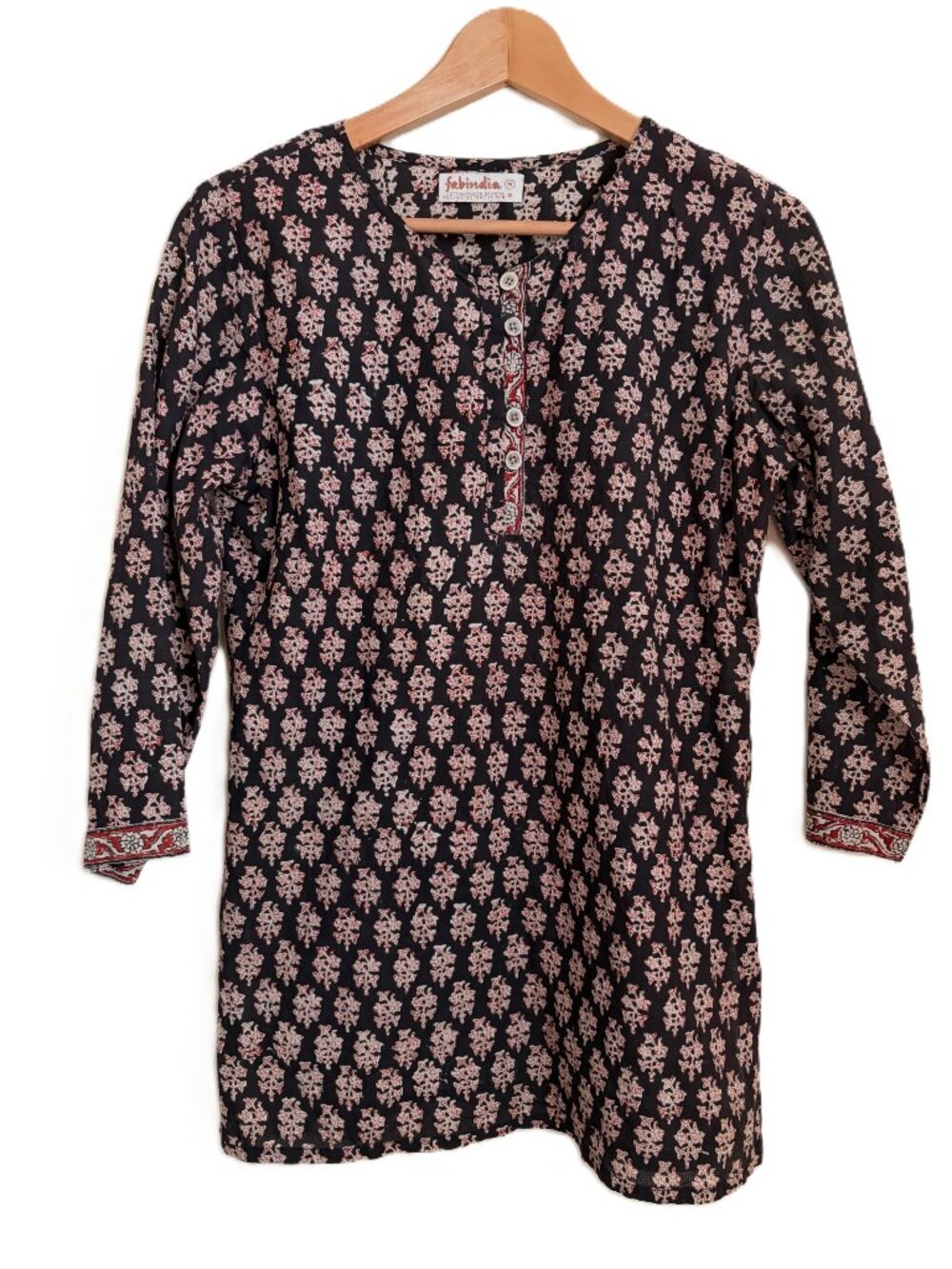 Fabindia Black Printed Cotton Kurti Tunic Top – Women’s Medium – Boho Henley 3/4